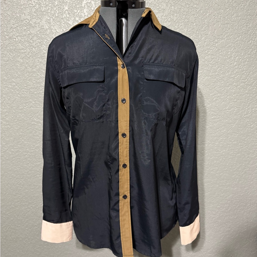 SHADES OF GREY BY MICAH COHEN Navy and Tan Button-Up Shirt